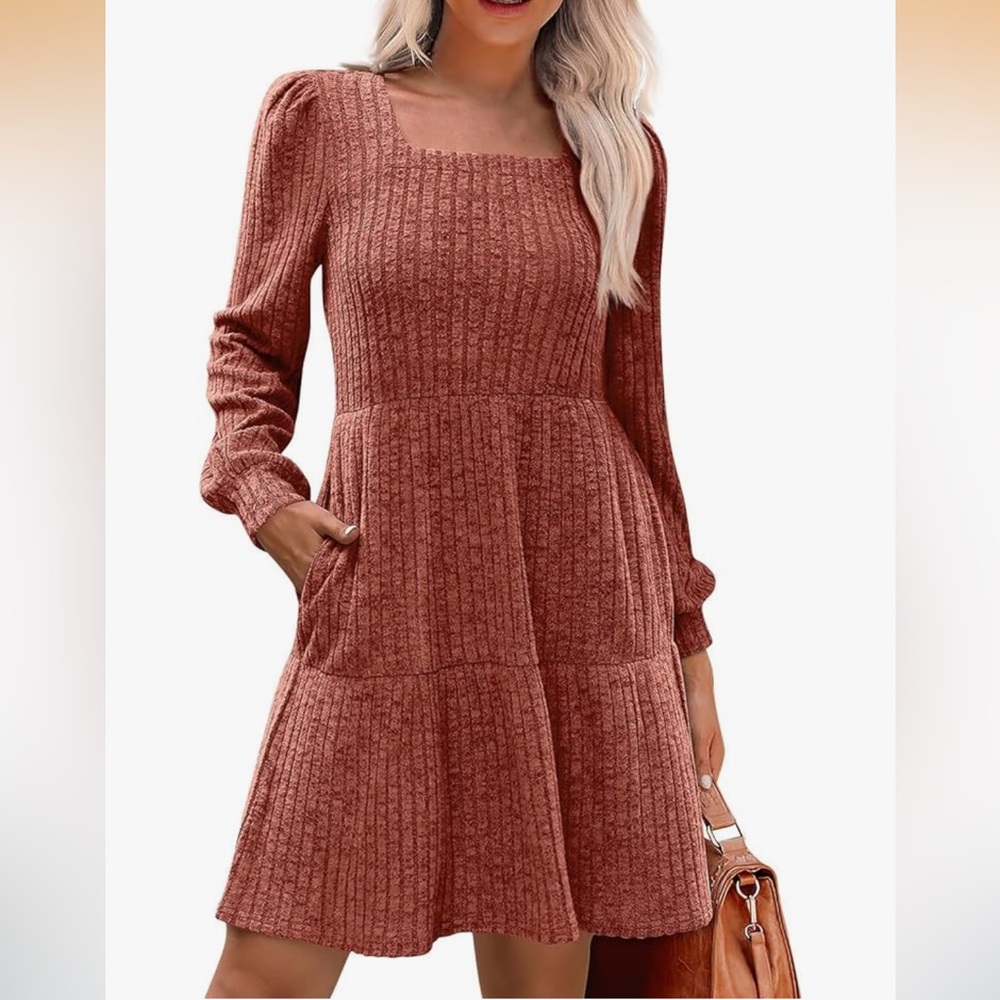 Ribbed Knit Square Neck Tiered Boho Dress with Pockets Rust Orange Large NWOT